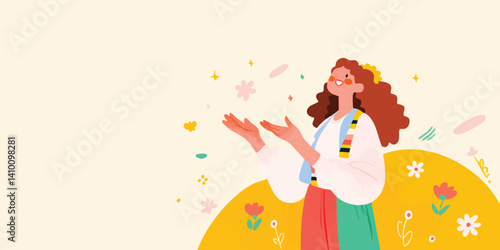 A woman in traditional dress, celebrates a moment of joy, with a sunny background. Her uplifted hands welcome the confetti, symbolizing joy and celebration.