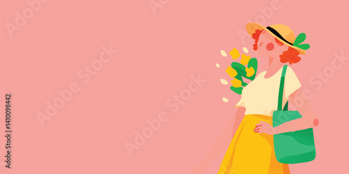 A stylish woman with vibrant red hair, wearing a sun hat and yellow skirt, carries a green tote bag against a soft pink background. Tropical leaves add a summery touch to this illustration. 
