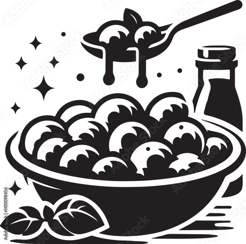 Silhouette vector of gnocchi served with sauce, perfect for Italian cuisine, pasta menus, and culinary design elements.