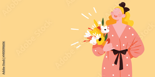 A cheerful woman radiates joy while clutching a vibrant bouquet of flowers, the soft yellow background evoking a sense of warmth and happiness.