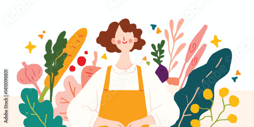A cheerful female gardener standing amidst a colorful illustration of vegetables and leaves, showcasing nature's beauty, celebrating the freshness of produce.