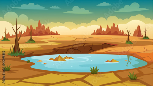 Reflecting the hollow empty feeling of the parched land the ponds surface is now nothing but dry cracked chunks of mud and debris.. Vector illustration