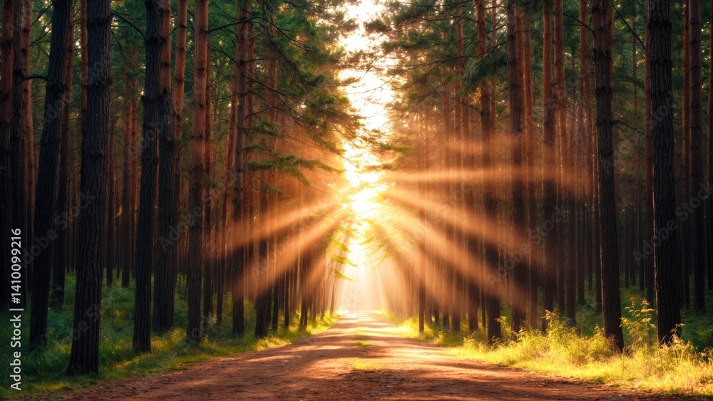 Obraz premium Sunbeams Filtering Through Pine Trees on Quiet Forest Path