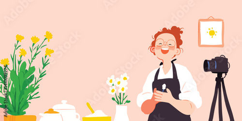 A smiling content creator in front of camera surrounded by flowers, conveying the spirit of a hobby or lifestyle.