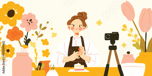 A talented baker sits with professional camera while creating a delightful treat surrounded by vibrant flowers in a warm and inviting kitchen setting.