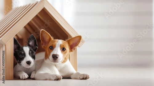 Two adorable small mixed breed puppies relax together inside a stylish light wood dog house in a bright modern home.
