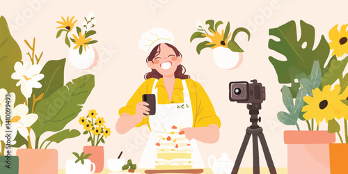 A cheerful content creator, a culinary artist, smiles brightly during a live baking, surrounded by vibrant plants, capturing the sweet moments with a camera. 