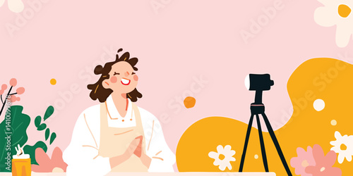 A content creator prepares to film a video, smiling brightly and engaging the camera with a positive energy, surrounded by floral motifs in a studio setting.