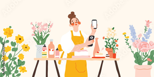 A cheerful florist, surrounded by vibrant blossoms, uses her phone to take an order, showcasing the ease and accessibility of modern flower businesses.