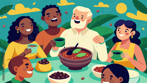 Laughter and conversation flow freely as guests pass plates share stories and savor each and every bite of the rich and flavorful feijoada.. Vector illustration