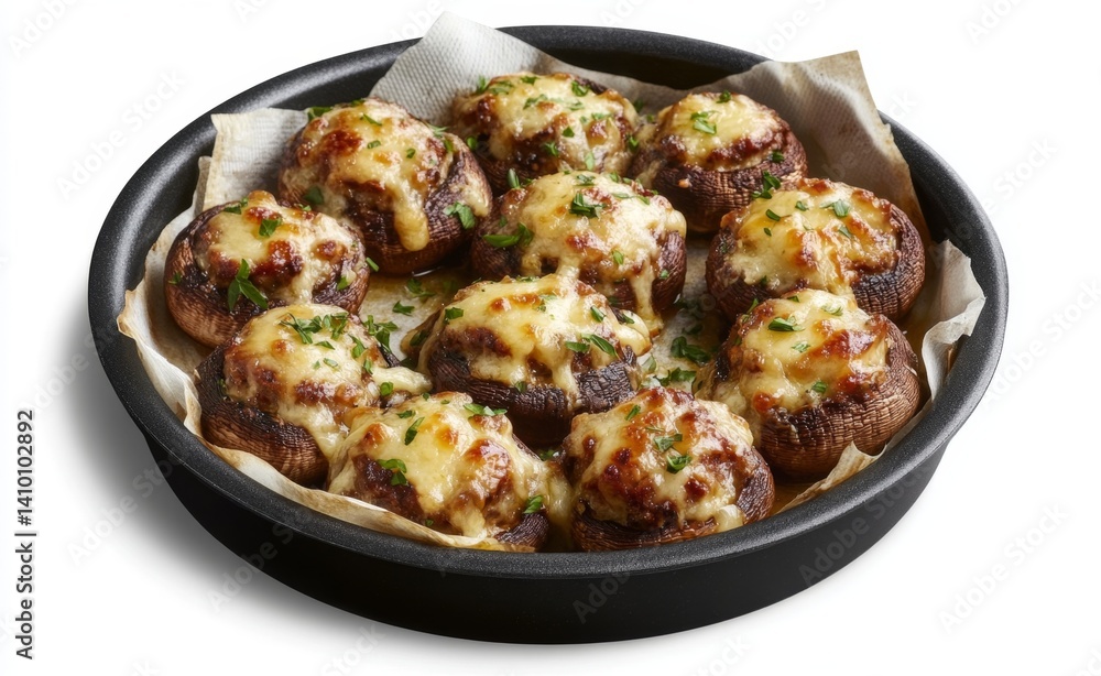 Stuffed mushrooms baked with cheese. A savory dish featuring numerous whole mushrooms, each filled with a savory mixture, topped with melted cheese and herbs. Served on a baking sheet Stuffed mushrooms baked with cheese. A savory dish featuring numerous whole mushrooms, each filled with a savory mixture, topped with melted cheese and herbs. Served on a baking sheet