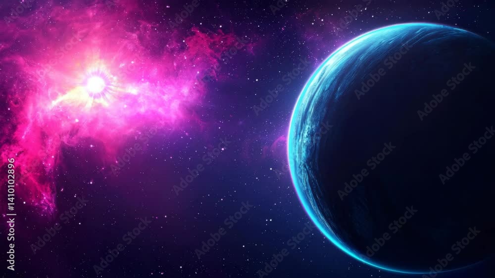 Luminous Star Amid Pink Nebula and Dark Planet in an Expansive Cosmic Landscape Luminous Star Amid Pink Nebula and Dark Planet in an Expansive Cosmic Landscape