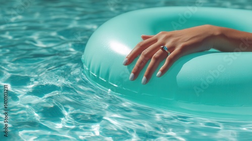 Female hand with pastel manicure and silver ring gently touching a mint green float in crystal clear pool water. Ideal for summer lifestyle, beauty, relaxation, and fashion content.