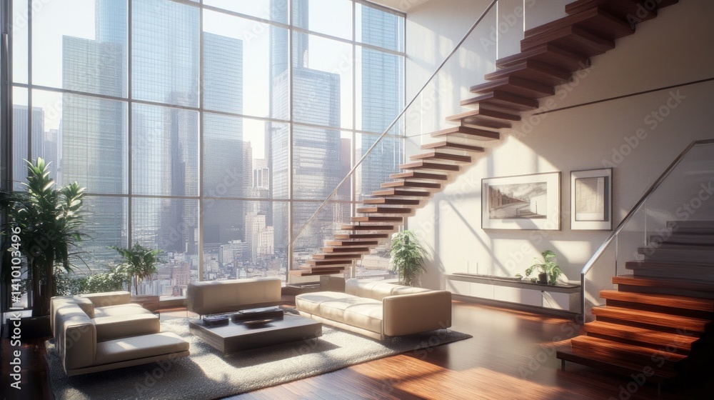 Fototapeta premium Modern City Penthouse Living Room with Stunning Panoramic View