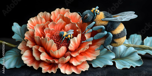 Detailed peony flower and bee sculpture