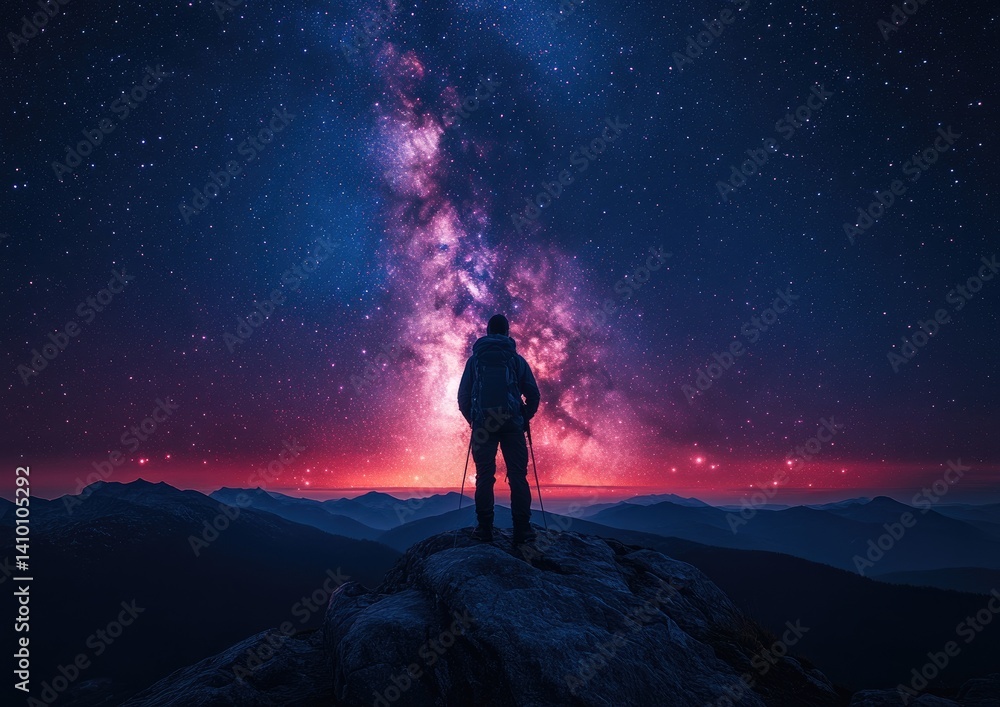 Fototapeta premium Person Silhouette Stargazing the Galactic Sky on Mountain Peak Pixelated Style