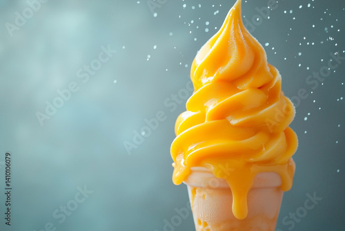 Close-up of yellow ice cream cone on grey background