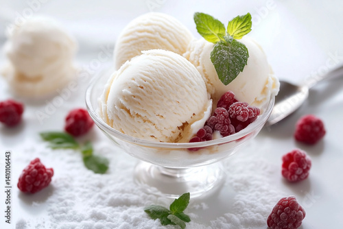 Vanilla ice cream balls in a beautiful crystal vase, frozen raspberries nearby, light background