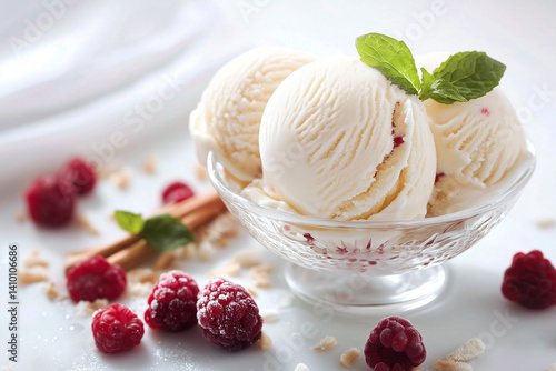 Vanilla ice cream balls in a beautiful crystal vase, frozen raspberries nearby, light background