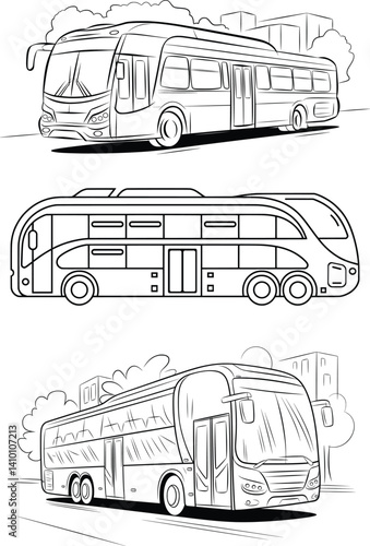 Modern Bus Line Art Set, Urban Public Transport Outline Illustrations

