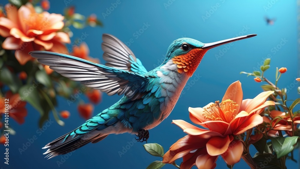 Naklejka premium A vibrant hummingbird with iridescent blue and green feathers hovers mid-air