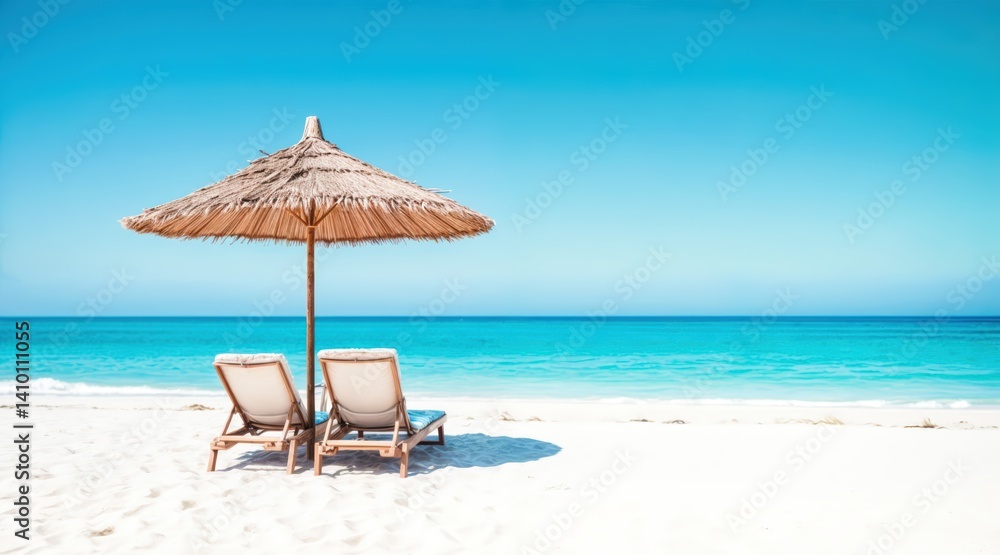 Tranquil Ocean Escape with Straw Shade and Clear Sky Tranquil Ocean Escape with Straw Shade and Clear Sky