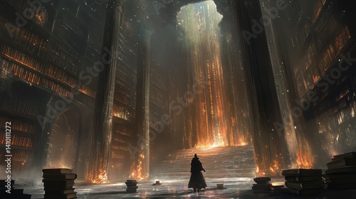 A lone figure in a fiery library surrounded by burning books