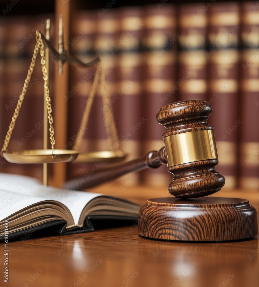 Gavel and Scales on Table in Front of Law Books in Office Gavel and Scales on Table in Front of Law Books in Office