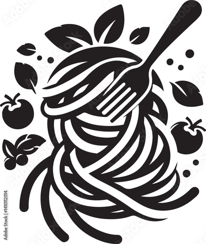 Silhouette vector of fettuccine alfredo pasta on a plate with creamy sauce. Great for Italian cuisine, restaurant menus, and food-related design work.