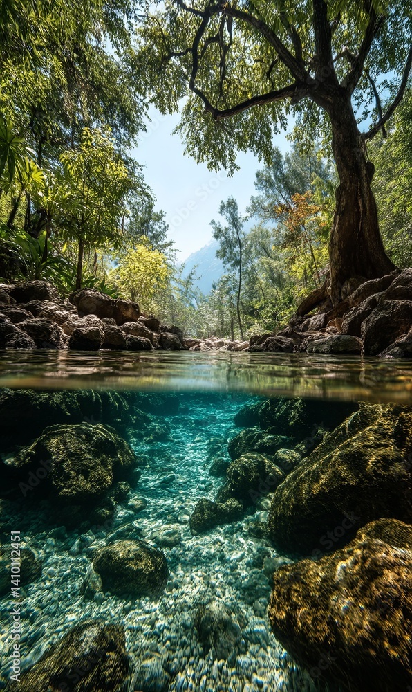 Clear water flows through rocky riverbed surrounded by lush trees Clear water flows through rocky riverbed surrounded by lush trees