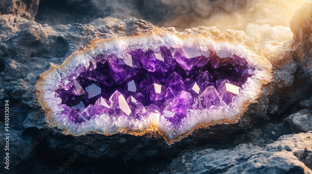 Obraz premium Amethyst Geode Close-up with Purple Crystals on Gray Rocks in Sunlight