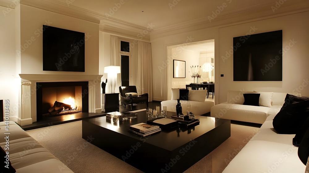 A cozy black-and-white living room with warm lighting from a fireplace, contrasting the cool tones of a sleek black coffee table and crisp white walls A cozy black-and-white living room with warm lighting from a fireplace, contrasting the cool tones of a sleek black coffee table and crisp white walls