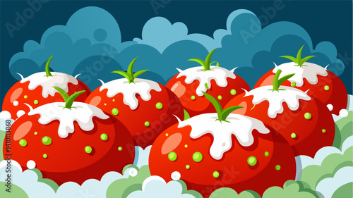 Rows upon rows of moldy decaying tomatoes their vibrant red skins now covered in fuzzy white spores creating a sickly sweet odor in the air.. Vector illustration