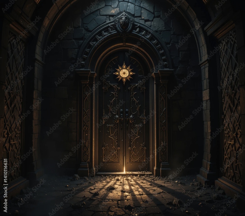 Fototapeta premium A foreboding dark castle stands tall against a twilight sky, its ancient stone walls weathered by time. An inviting open door reveals a warm, golden light spilling from above, casting eerie shadows.