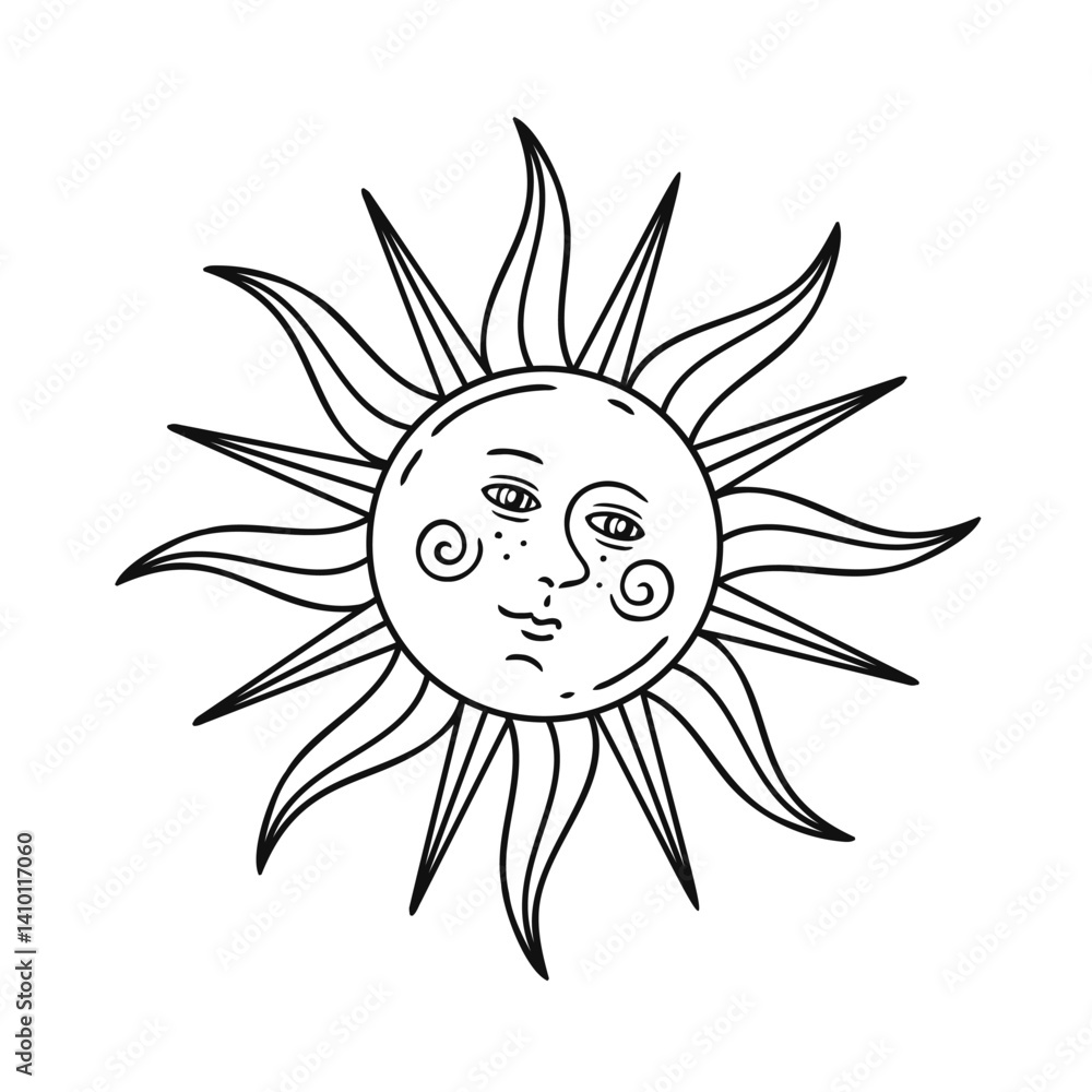 Obraz premium Smiling sun vector illustration in medieval style. Outline drawing of sun face, astrological and celestial symbol. Vintage stylized pen and ink sketch for cards, logo, banners and printing design