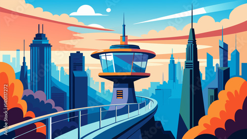 An observation deck offers a stunning panoramic view of the surrounding city providing a unique perspective on the future of urban transportation.. Vector illustration