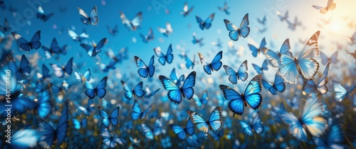 A vibrant field filled with delicate blue butterflies fluttering gracefully among colorful wildflowers, basking in the warm sunlight, creating a serene and enchanting atmosphere.