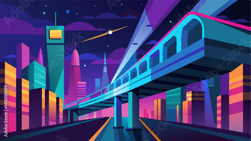 At night the skybridges are illuminated with colorful lights giving the city a vibrant and futuristic vibe.. Vector illustration