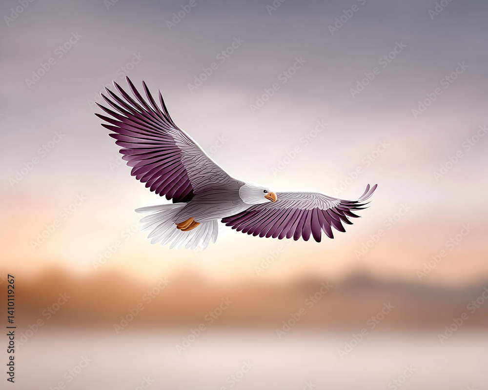 Obraz premium Majestic eagle in flight, wings spread wide against a soft, hazy sunset
