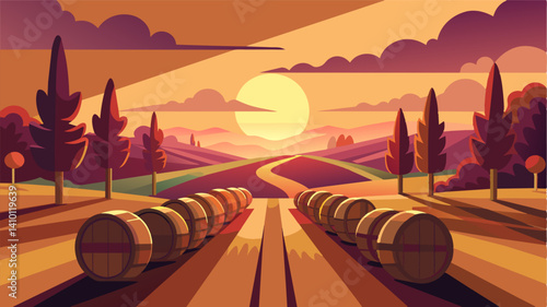 As the sun sets over the vineyard the empty barrels cast long dark shadows serving as a haunting reminder of the uncertain future of wine production in the face of climate change.. Vector illustration