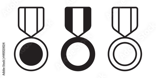 Hanging winner medals. Sign of the award. Achievement badge, reward, prize. A set of trophy and award badges. Verification and approval symbol. Icon in flat style and lines. EPS 10. Vector illustratio