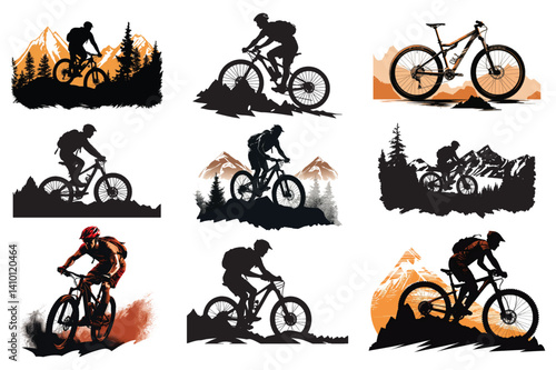 Black vector sport illustration shows extreme cycling with a mountain bike silhouette and cyclist jumping