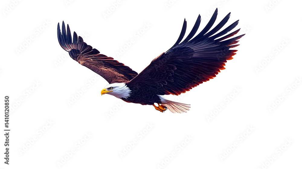 Fototapeta premium A bald eagle flying in sky in wild. Vector illustration art drawing.