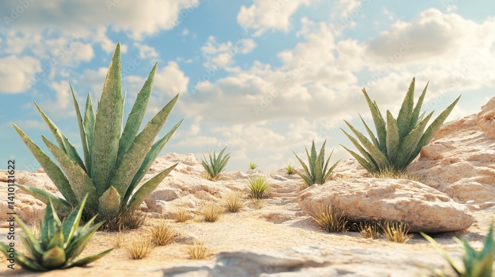 Desert agave plants thrive under a bright sky. Desert agave plants thrive under a bright sky.