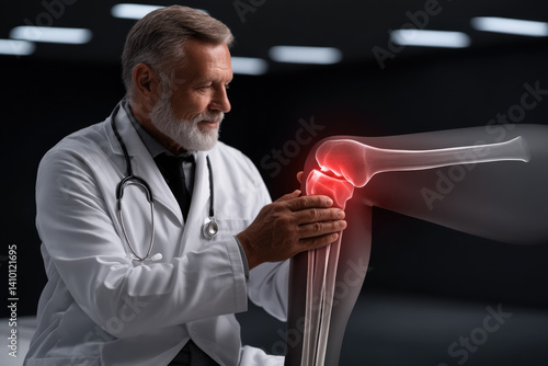 Doctor Examining Inflamed Knee with X-Ray Overlay 