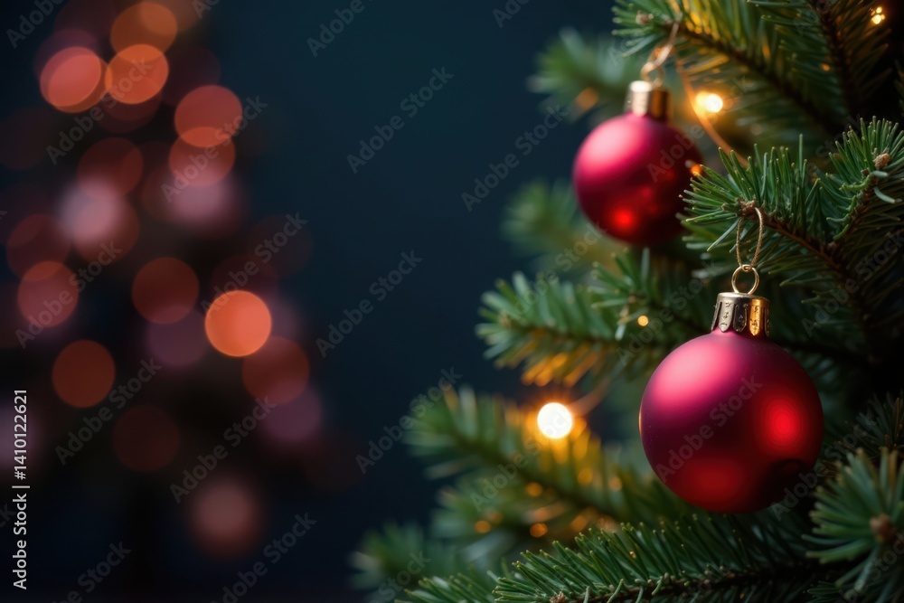 Christmas tree with sparkling ornaments and blurred shimmering lights on a dark background , decoration, baubles Christmas tree with sparkling ornaments and blurred shimmering lights on a dark background , decoration, baubles