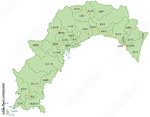 高知県　地図　黄緑　斑点　イラスト