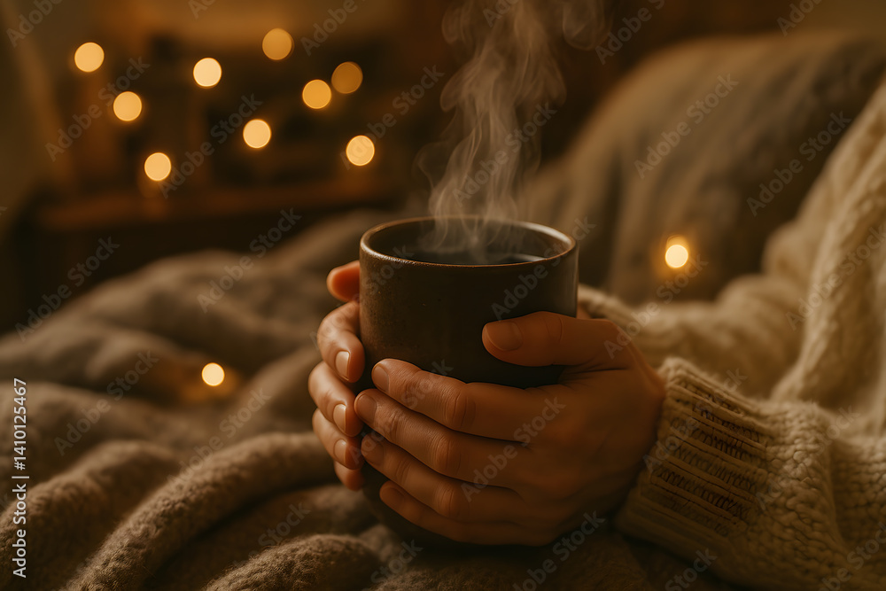 Person holding steaming mug in cozy setting with lights in the background while sitting down Person holding steaming mug in cozy setting with lights in the background while sitting down