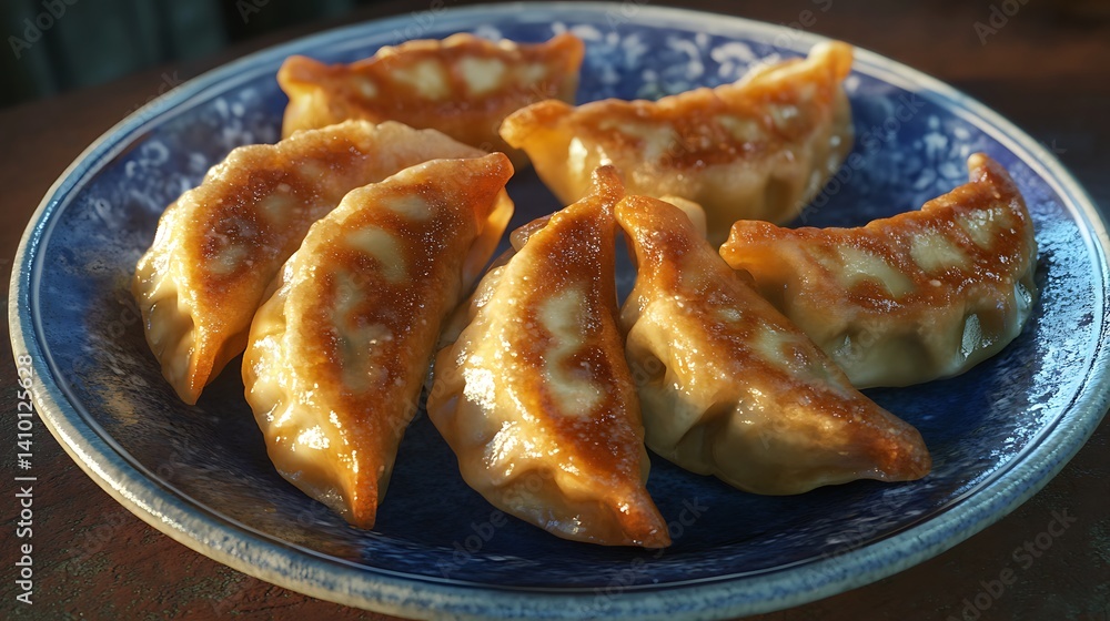 皿に並べられた焼き餃子 皿に並べられた焼き餃子