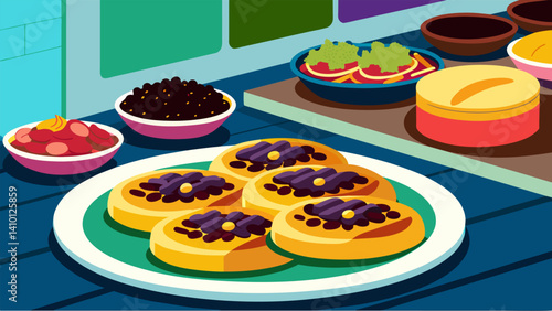 Colorful plates of arepas stuffed with traditional fillings like shredded beef black beans and plantains line the counter making it difficult to choose just one.. Vector illustration